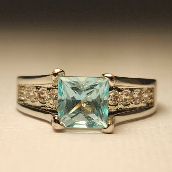 VTG 18K 925 Natural Square Princess Cut Swiss Blue Clean Thick Band Ring Sz 5 - Picture 9 of 16